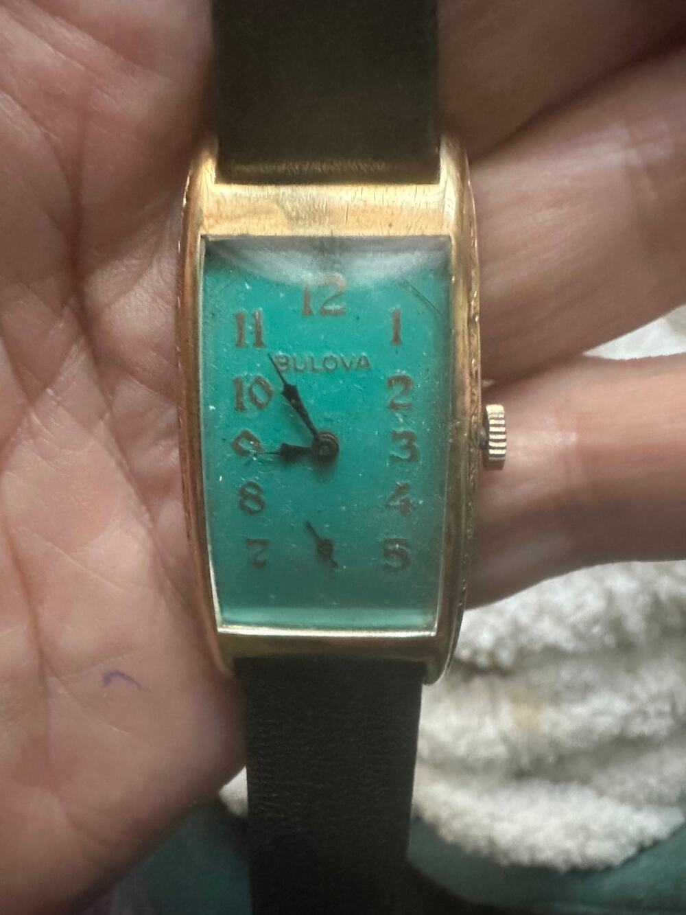 UNIQUE VINTAGE 1930's BULOVA TANK WATCH TEAL GREEN BLUE FACE MANUAL WIND WORKS!